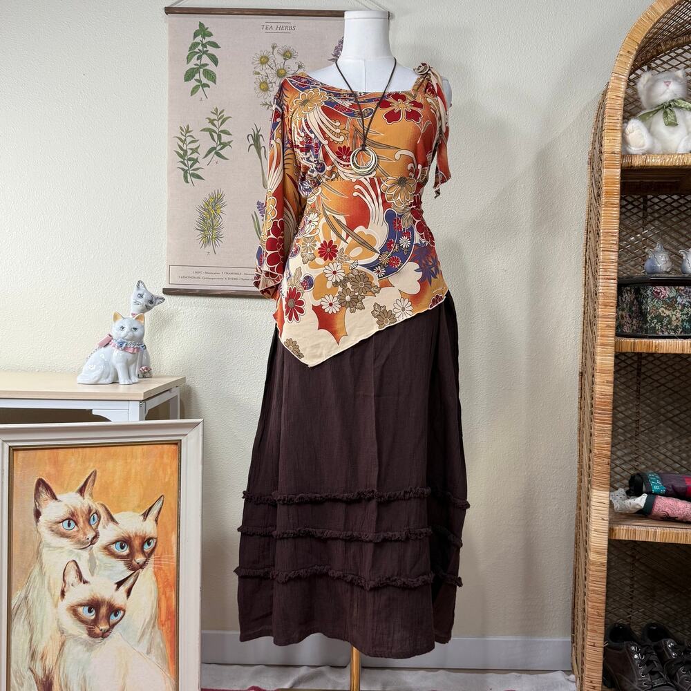 90s Y2k Brown Maxi Skirt Boho Hippie Fairy Grunge Coastal Cowgirl Mori Kei L XL
